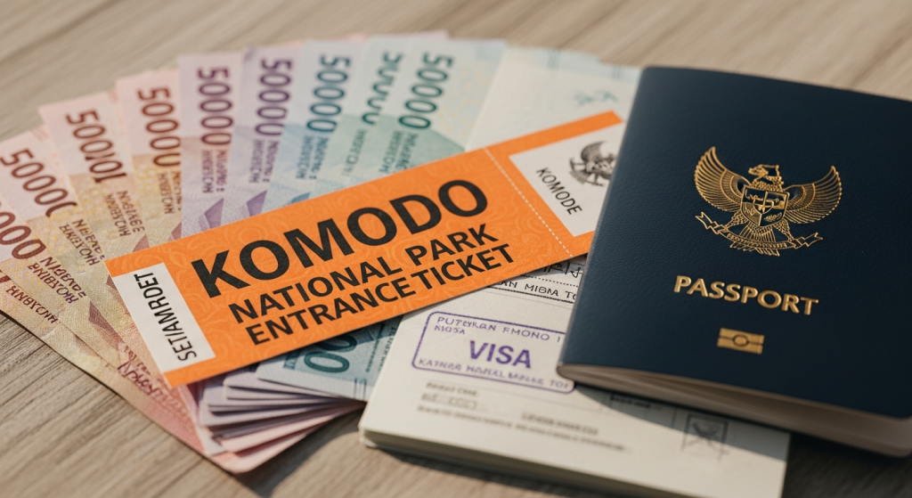 Indonesian rupiah banknotes with Komodo National Park entrance ticket and foreign passport