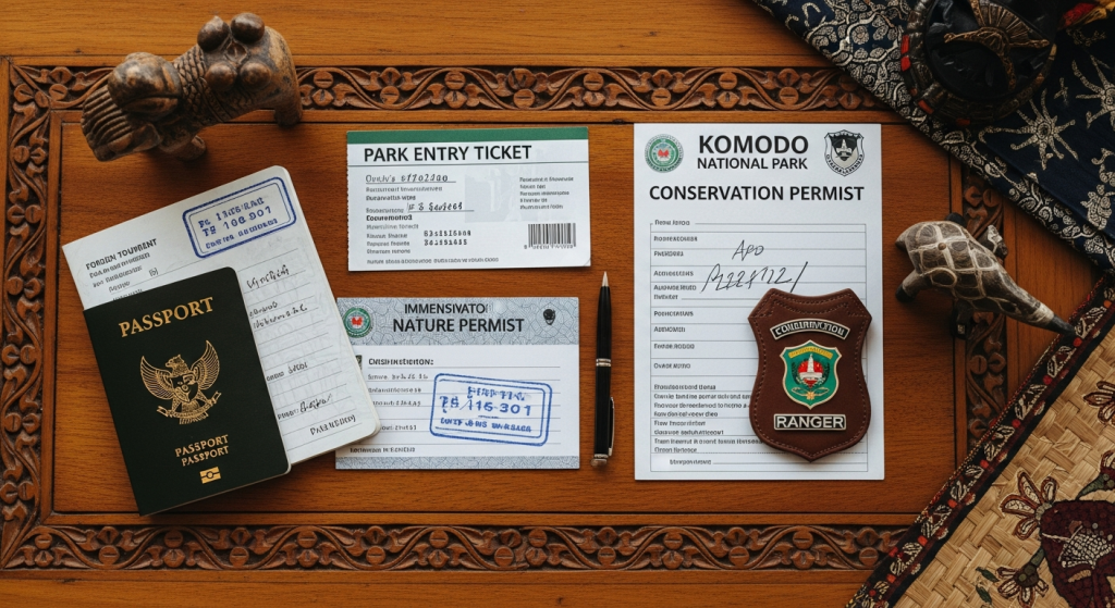 Foreign tourist passport with Komodo National Park conservation permit and ranger badge