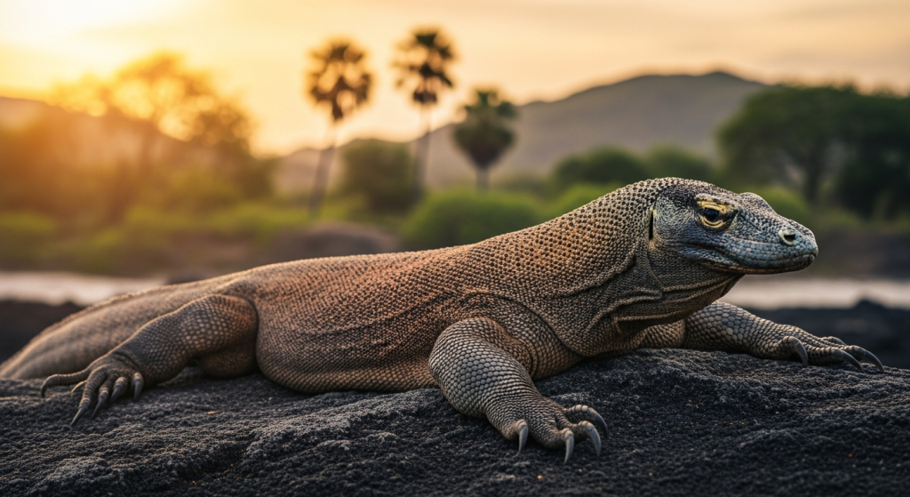 Komodo dragon resting on volcanic rock at Komodo National Park, golden hour