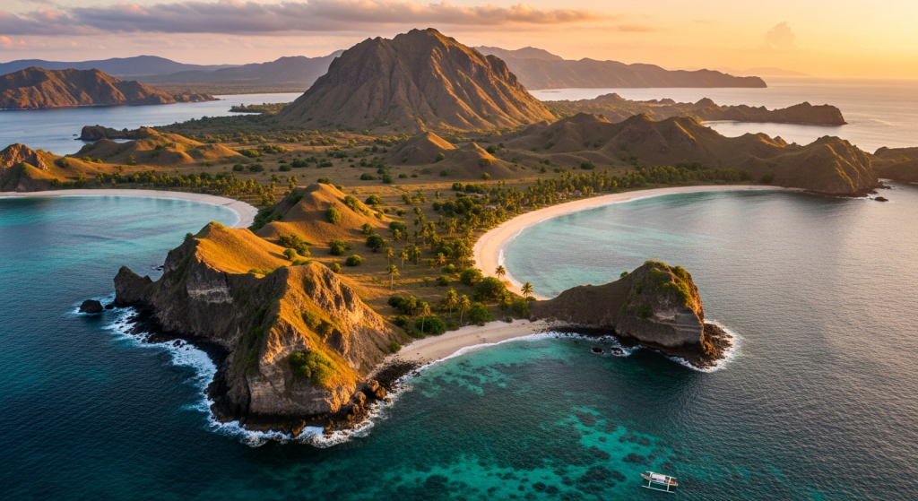Aerial view of Komodo Island Indonesia turquoise water and volcanic ridges