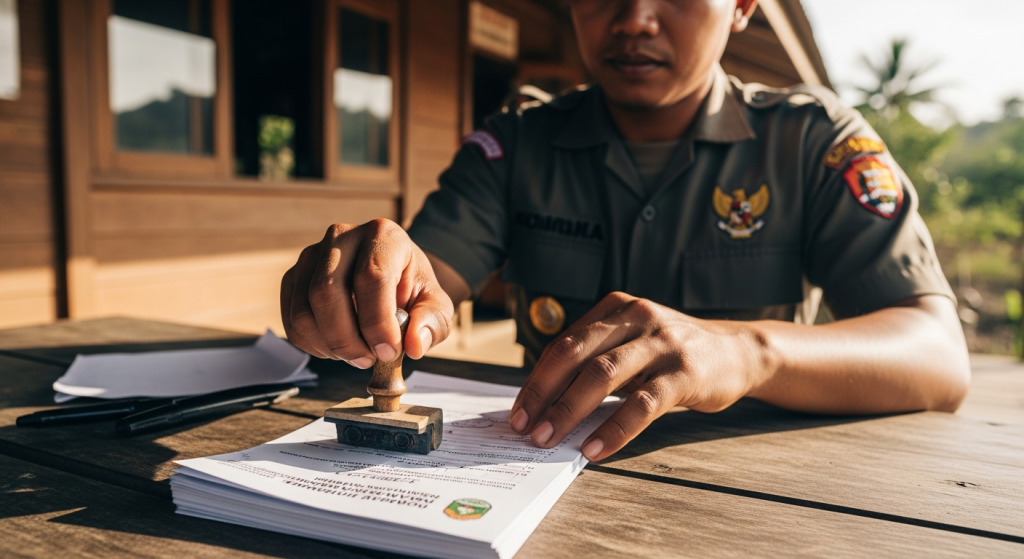 Indonesian park ranger stamping permit at Komodo National Park entrance, 2026