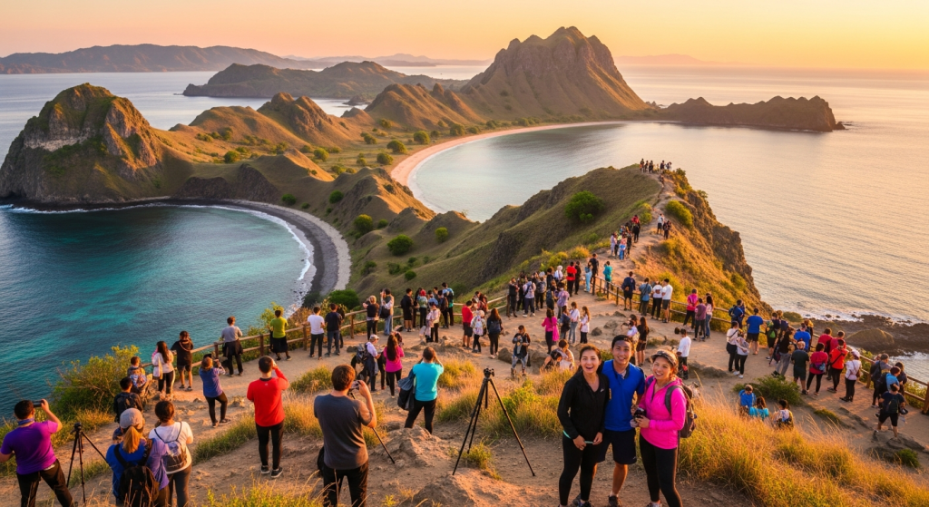 Padar Island viewpoint Komodo National Park at sunrise with foreign tourists