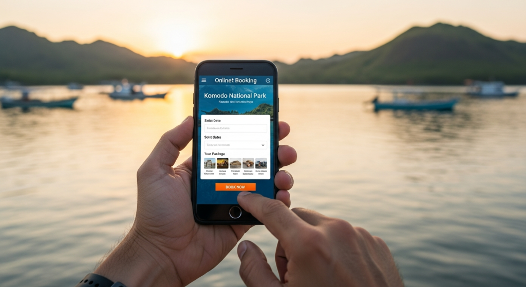 Smartphone showing Komodo National Park online ticket booking interface at Labuan Bajo harbor